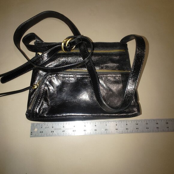 Hobo Black Leather Crossbody Bag Gold Hardware Multiple Zippered Compartments - Picture 6 of 9